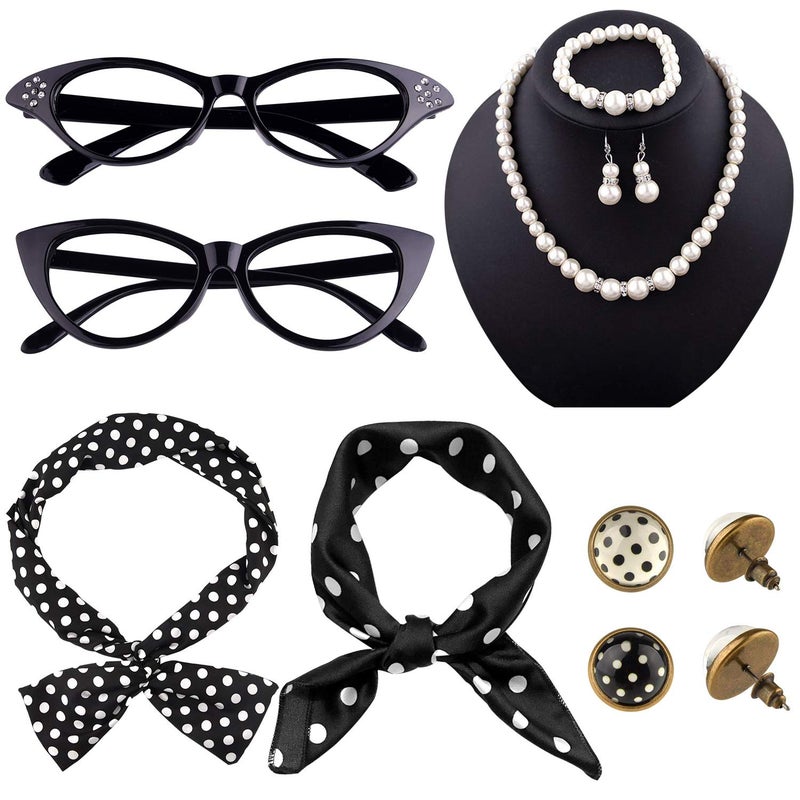 TUPARKA 12 Pcs 50's Costume Accessories Set Includes Chiffon Scarf Cat Eye Glasses Bandana Tie Headband Earrings Artificial Pearl Bracelet and Necklace - Image 1